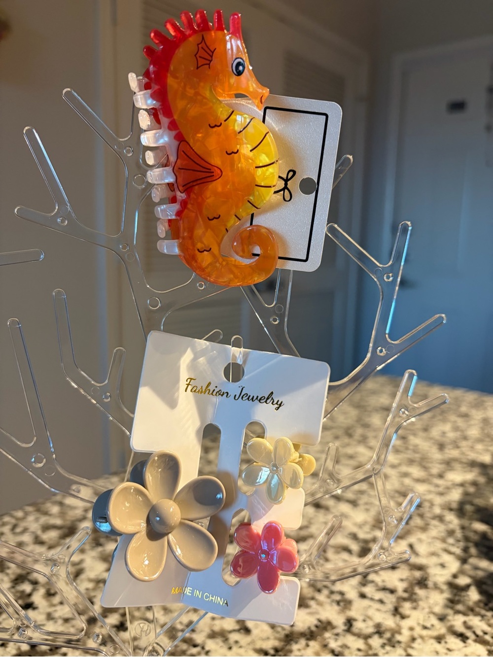 Orange Seahorse Hair Clip & Floral Earrings Set